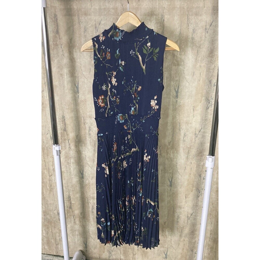 Nanette Lepore navy pink floral print dress sz 8 pleated Feminine EUC